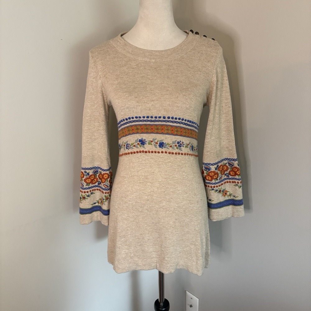 Anthropologie Sleeping on Snow Floral Embroidered Tunic Sweater Dress Medium EUC